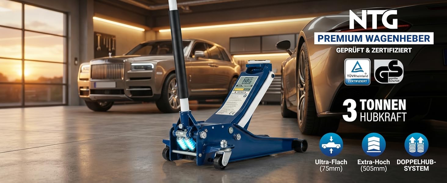 Гідравлічний домкрат NTG 3T, низькопрофільний, для авто (легкових та SUV), синій + сертифікат TÜV, висота підйому 75-505 мм