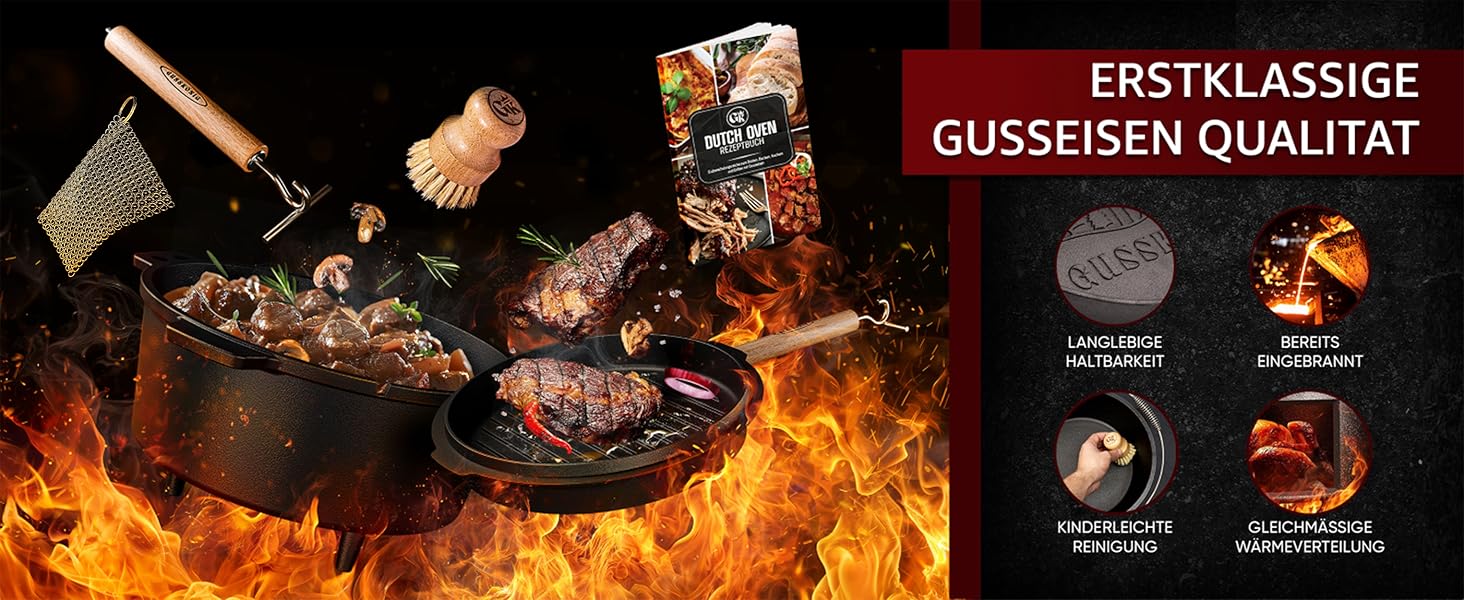 Набір голландської печі з емальованого чавуну 4,5 л (2-4 особи) – для 2-4 осіб, з ніжками, подвійна функція, кришка-підйомник 2в1, чистящий кільце, щітка та кулінарна книга – гарантія 30 років