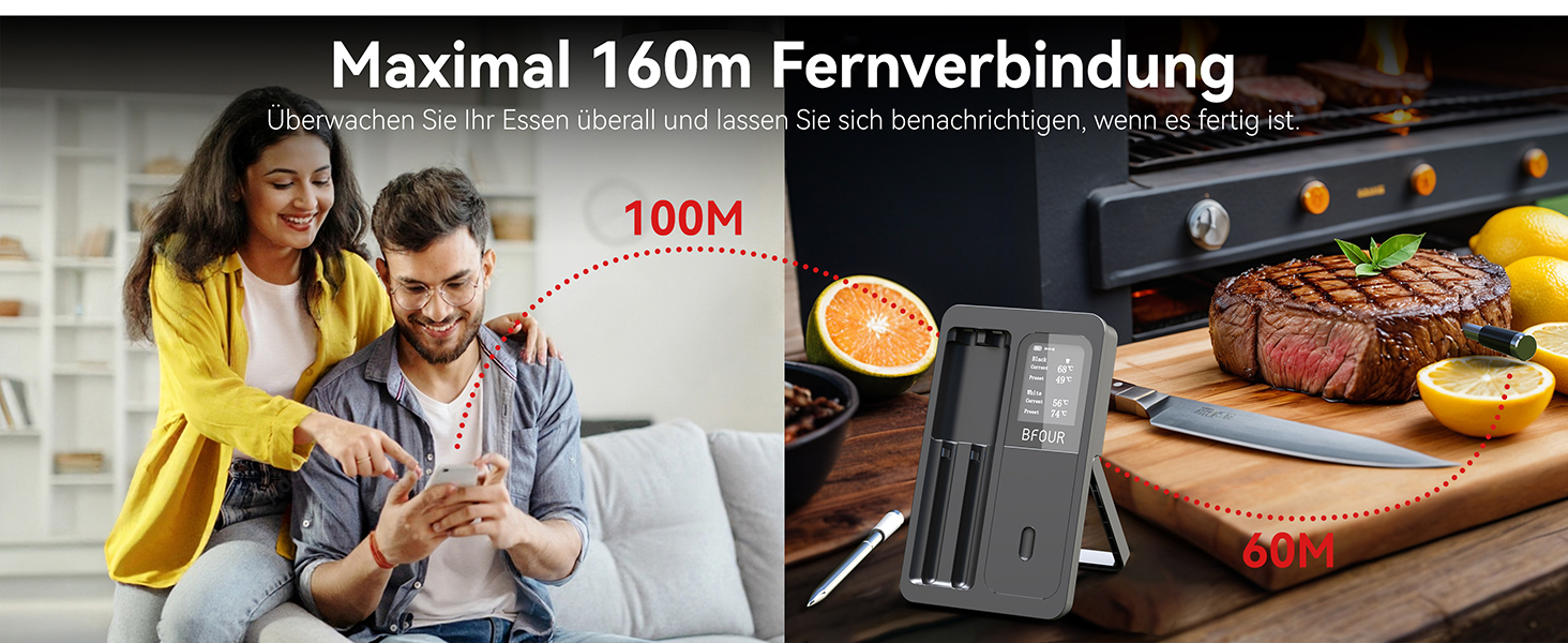 Бездротовий термометр для м'яса BFOUR з 2 зондами, Bluetooth, LCD-дисплей, керування через APP, цифровий термометр для приготування на грилі, в духовці, мангалі, BF-40 PRO, чорний