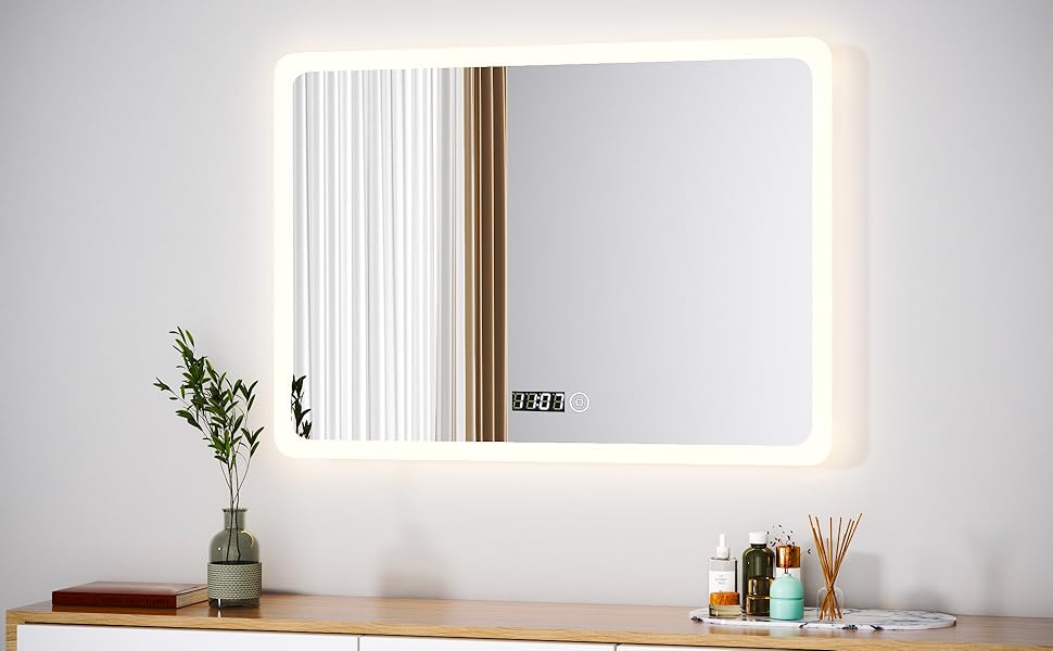 Дзеркало для ванної кімнати з підсвічуванням та годинником Boromal, 80x60 см, диммування, 3 кольори світла (3000-6500K), 2940LM