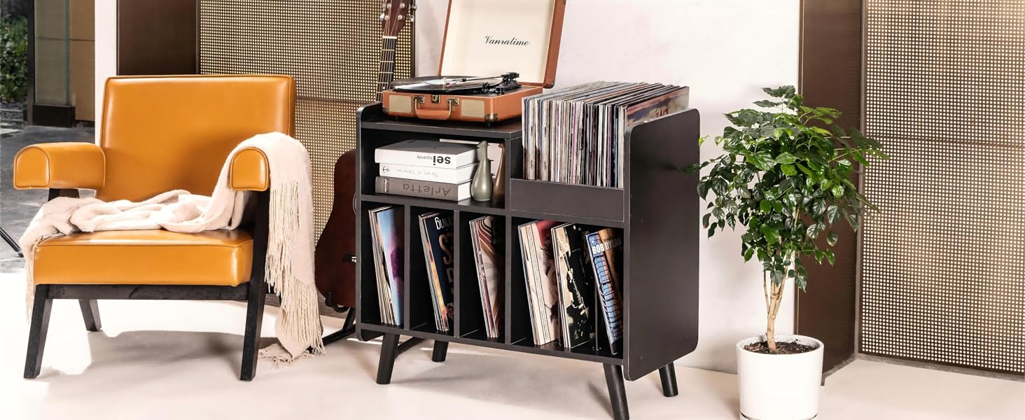 Стіл для програвача, стійка для вінілових програвачів середини століття з місцем для зберігання до 350+ платівок, шафа для вінілових платівок з регульованими полицями (високоякісний чорний)