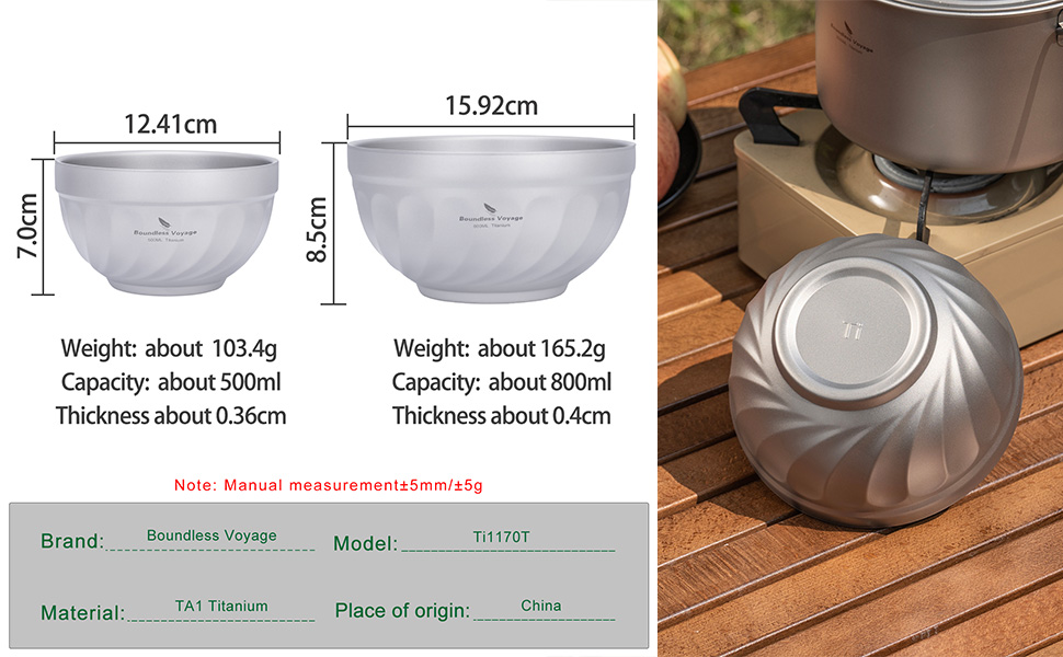 iBasingo Титанові миски з подвійними стінками 500мл та 800мл для каші, їжі, рису, супу. Легкі, портативні, металеві миски для кемпінгу та відпочинку на природі. (500ML Ti1168T)