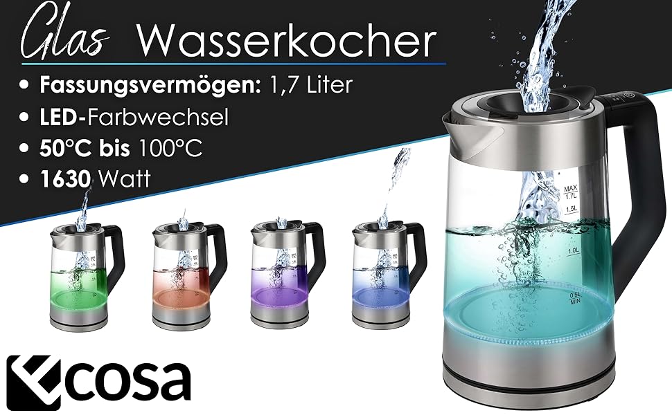 Електричний чайник-заварник зі скла та нержавіючої сталі, 1.7 л, 2200 Вт, з регулюванням температури, з підсвічуванням, BPA Free