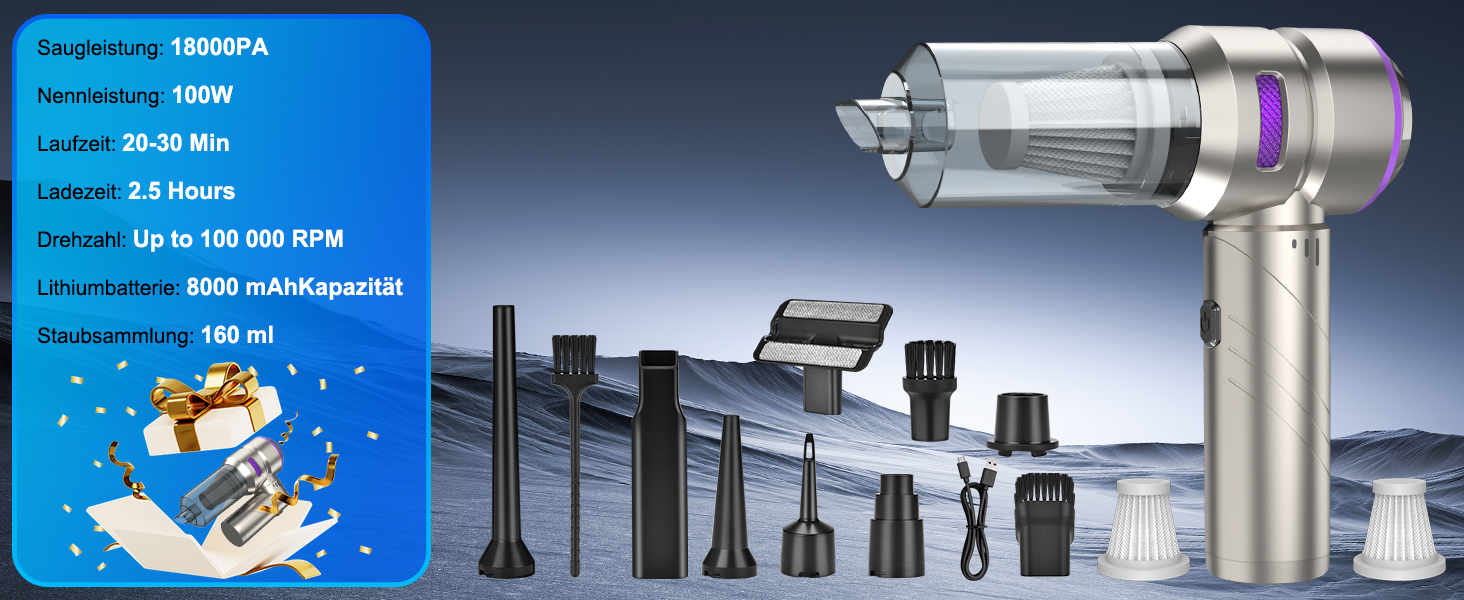 Бездротовий ручний автомобільний пилосос 4 в 1, потужність 18000Па, безщітковий мотор 200 000 об/хв, 3 рівні всмоктування для авто, дому та шерсті тварин, сріблястий