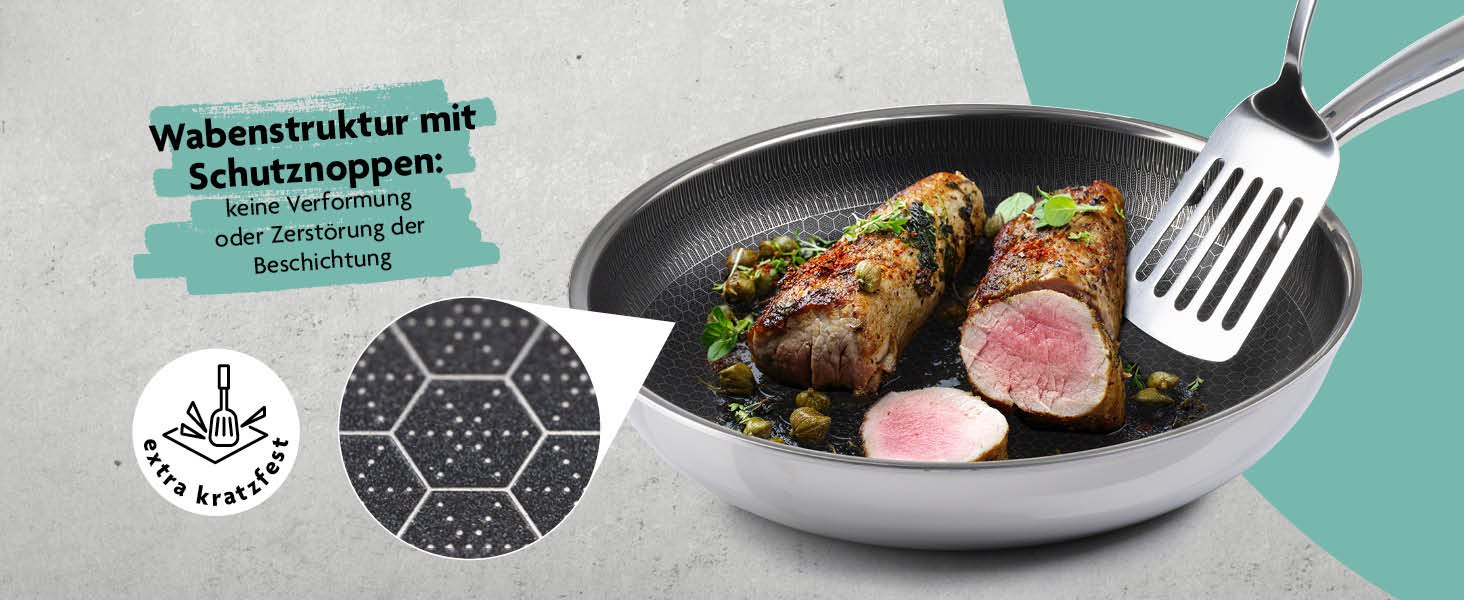 Сковорода Kochwerk Rachs з рифленою поверхнею ⌀28 см | Сковорода з нержавіючої сталі з антипригарним покриттям та високим бортиком | Підходить для всіх типів плит | Стійка до подряпин та придатна для духовки | З рецептами ⌀28 см