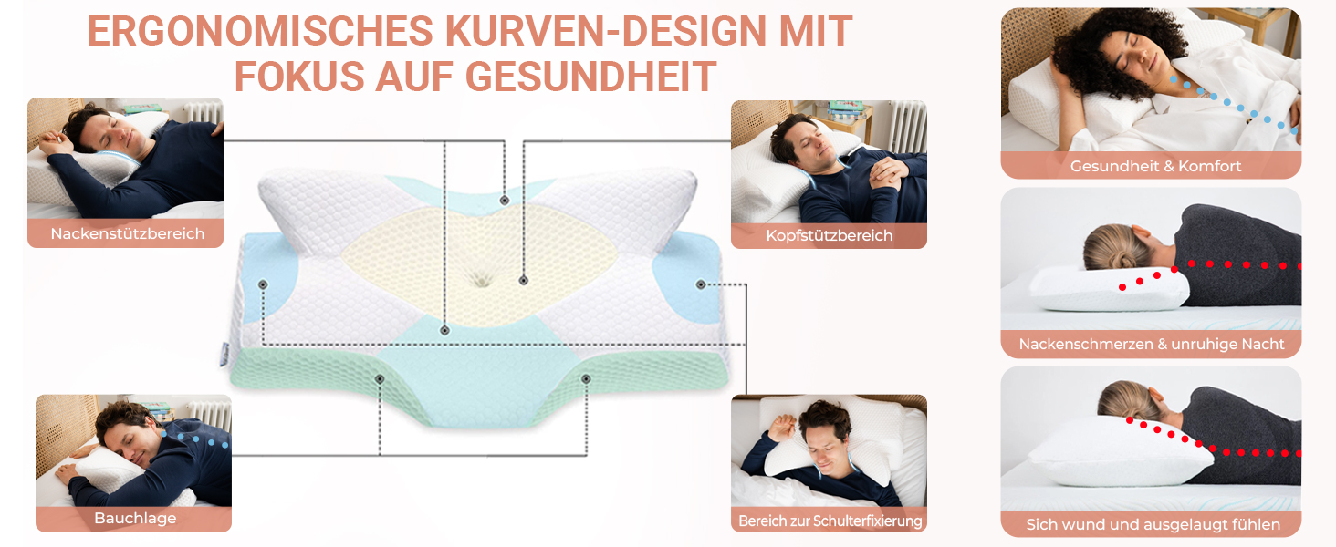 Ортопедична подушка для шиї Elviros з піни Memory Foam, ергономічна, для сну на спині, боці та животі, знімний охолоджуючий чохол, 64×(11,5/13)×40 см, сірий