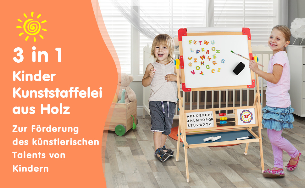 COSTWAY 3-в-1 дитяча мольберт-дошка з обертанням 360°, дерев'яний мольберт з двостороннім дощечкою, мольберт для малювання з полицею, рулон паперу, абакус, годинник та алфавіт для дітей від 3 років