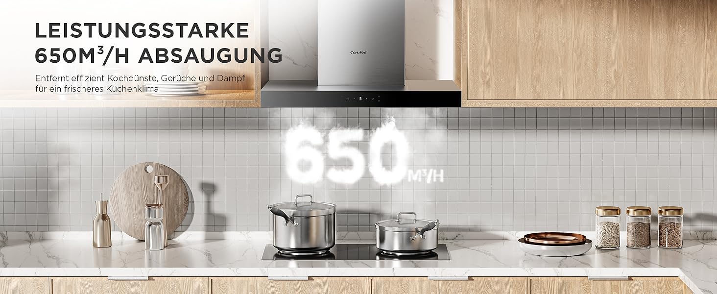 Витяжка кухонна COMFEE' CH60J72ET6A3B T-подібна 60 см, чорна, 650 м³/год, сенсорне керування та керування жестами, LED-підсвітка, клас A+++, режим рециркуляції та відведення