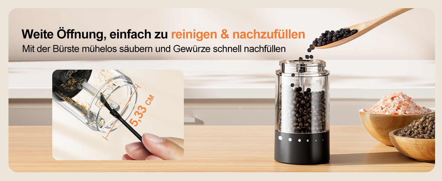 Електричні солі та перечні млини 2 шт. з USB-C зарядкою, регулюванням помелу, LED підсвіткою, керамічним жорном та підставкою – чорний/білий