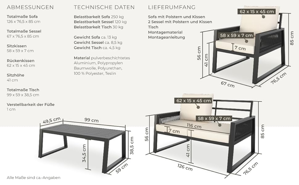Набір садово-розкішних меблів tectake® з ротангу для саду/балкону: 2 крісла, диван, стіл, подушки, 4 місця, вологостійкі