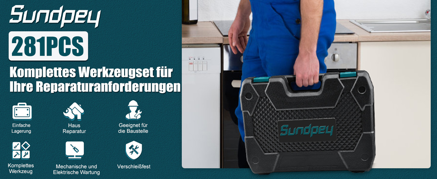 Набір інструментів Sundpey 281 предметів у кейсі: набір гайкових ключів, викруток, шестигранників, плоскогубців (синій)