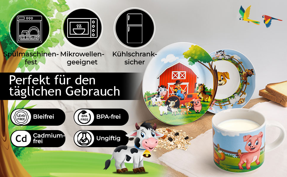 MIAMIO Набір дитячого посуду з порцеляни (3 шт.) - Тарілка, миска, чашка - Для дітей та малюків (Ферма)