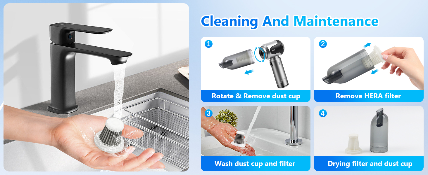 Акумуляторний ручний пилосос 4-в-1 для авто та дому, 26000Па, безщітковий двигун, 3 режими потужності, для шерсті тварин, сіро-блакитний