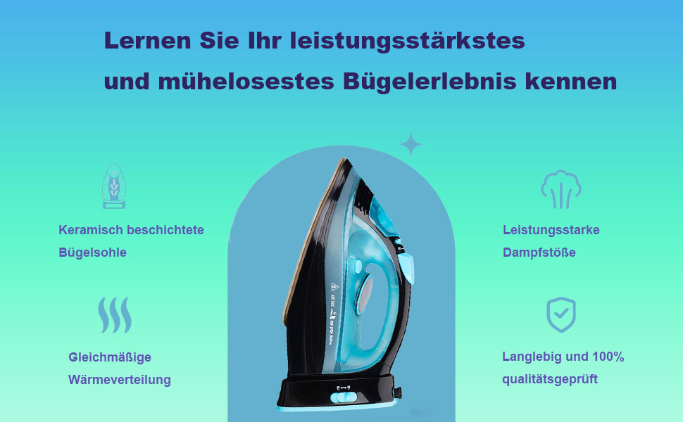 Парове прасування без дротів 2400 Вт: бездрове прасування з керамічною підошвою, вертикальне прасування, захист від накипу, самоочищення та резервуаром для води. Колір: блакитний