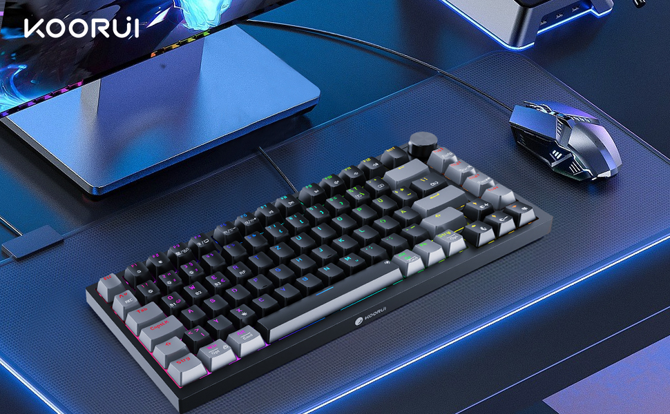 Механічна клавіатура KOORUI для геймінгу: бездротова/провідна/Bluetooth, 82 клавіші, QWERTZ (німецька розкладка), 4000mAh, RGB, Red Switch (червоний)