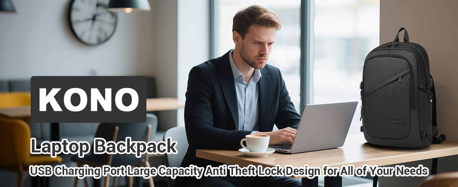 Чорний рюкзак для ноутбука KONO 15.6 дюймів, водонепроникний, антикрадійний, для роботи, подорожей та навчання