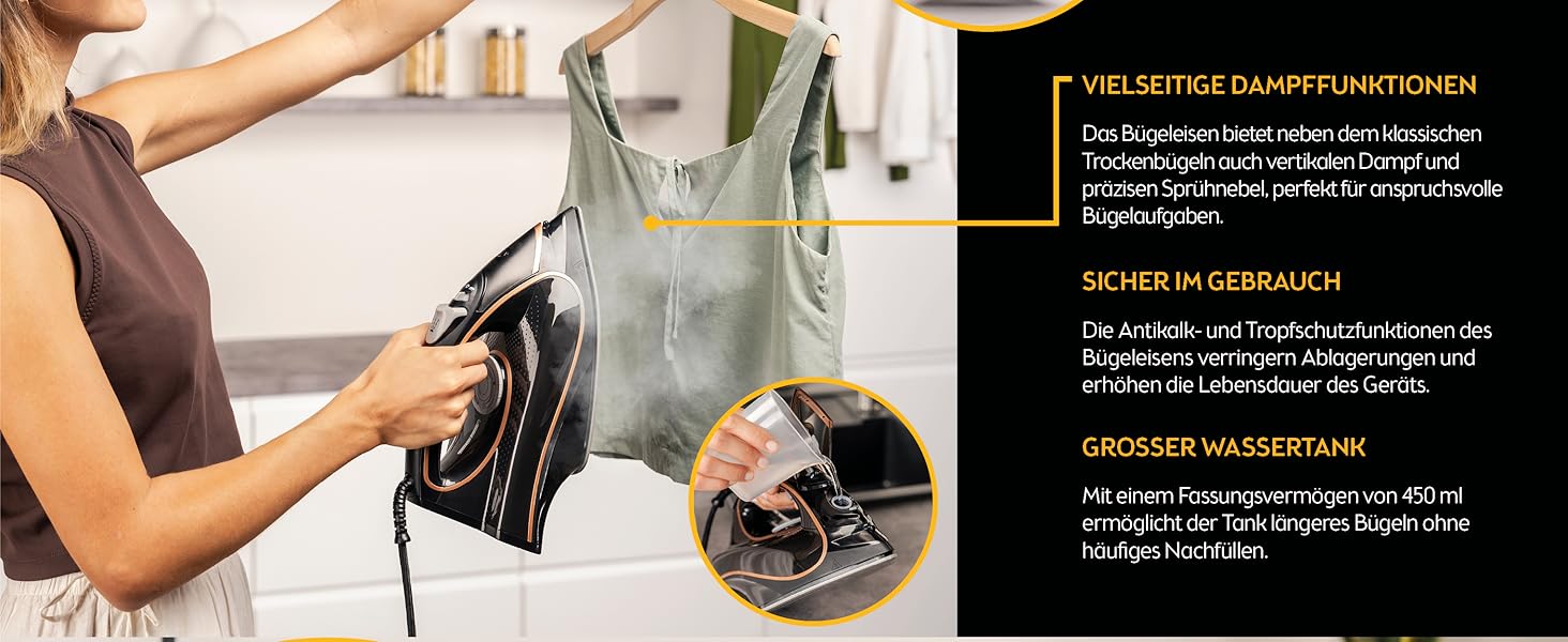 Відпарювач TZS First Austria I 2800-3200W з керамічною підошвою | Самоочищення, вертикальний пар, антинакип, сухе прасування | 0,45л, 1.3кг, білий/мідний