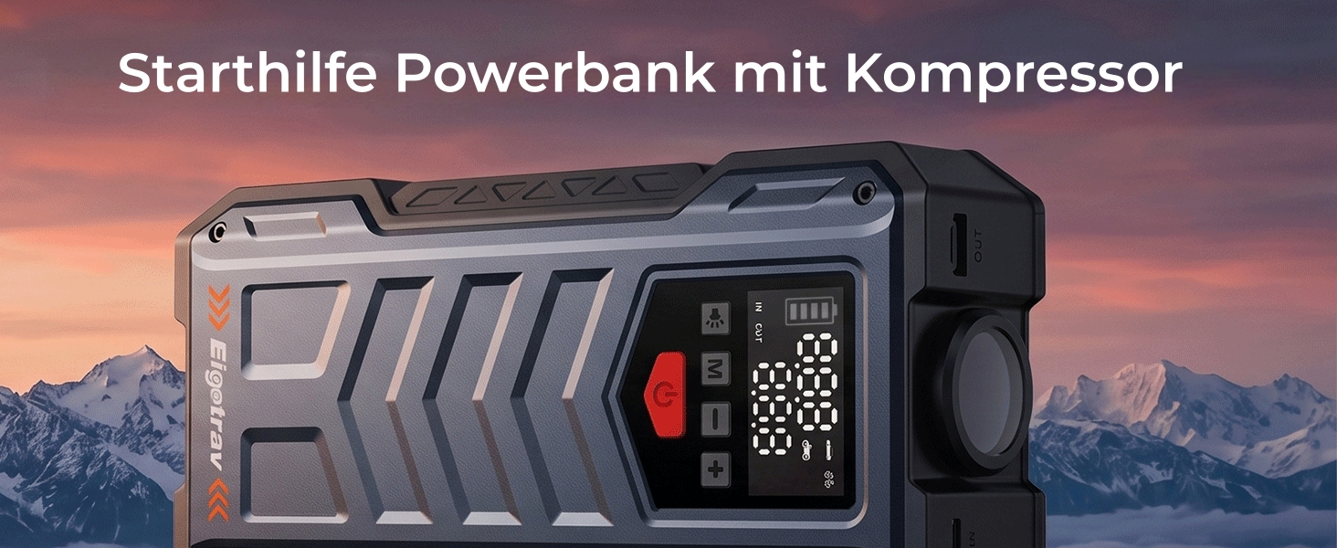 Пусковий пристрій (бустер) Starthilfe 8000A з компресором 150 PSI, 9-в-1: Jump Starter 12V для бензинових та дизельних авто (до 14л), електричний насос та Powerbank з швидкою зарядкою 30W