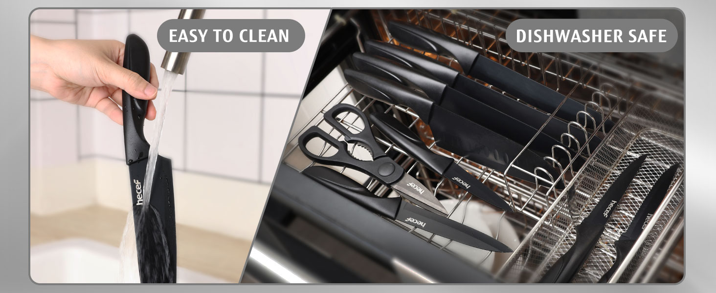 Набір кухонних ножів Hecef 15 предметів з бруском, чорний, з антипригарним покриттям, можна мити в посудомийній машині, самозаточуваний брусок, ергономічні ручки, кухонний набір ножів для початківців та кулінарів-ентузіастів