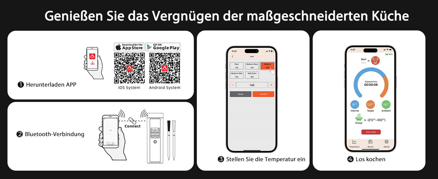 Бездротовий термометр для м'яса BlueSwan Grillthermometer з LCD дисплеєм (2 шт.), водонепроникні зонди IP67, 48 годин роботи від акумулятора, магнітна коробка, Bluetooth 150м, додаток з 9 режимами приготування, термометр для BBQ, духовки, гриля, кухні