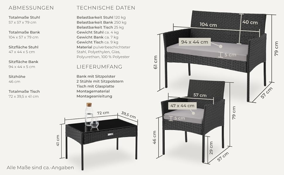 Набір садово-розплідницьких меблів tectake® з ротангу: банкетка, 2 крісла, столик, подушки, чорний колір. Меблі для балкона, тераси, саду.