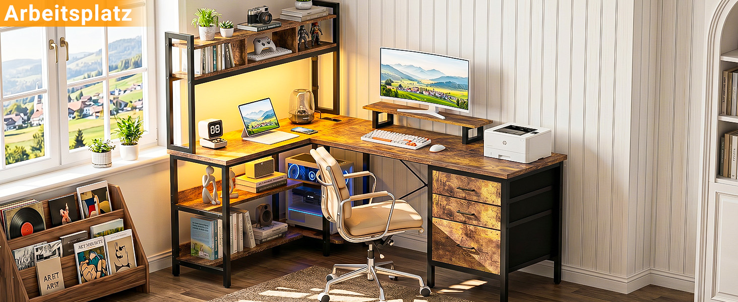 Кутовий L-подібний письмовий стіл Homieasy 150 см з LED-підсвіткою, шухлядою та розетками (USB, Type-C), підставкою для монітора та полицею A4, рустикальний коричневий, МДФ