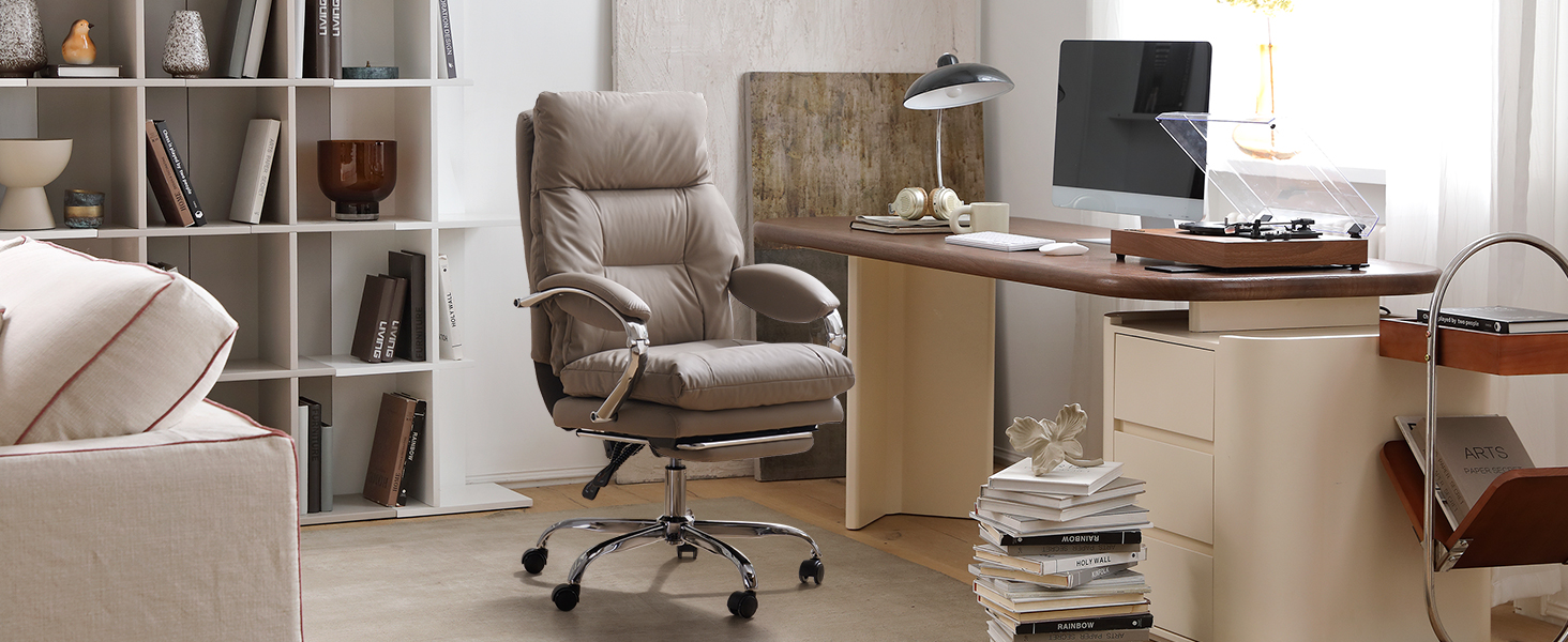 Офісний крісло EMIAH з підніжкою: ергономічний крісло для офісу та дому, з PU шкіри, підніжкою, підлокітниками та колесами. Підходить для роботи за комп'ютером та ігор. Колір: хакі. Без функції масажу.