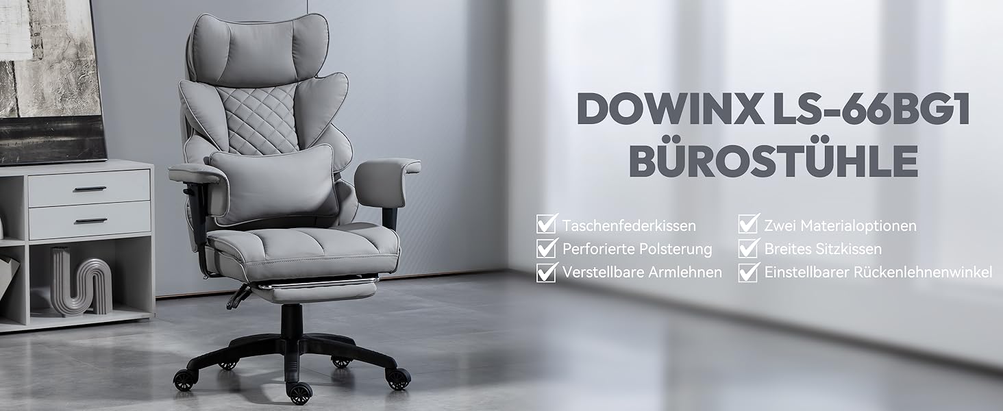 Ігровий крісло Dowinx, офісне ергономічне крісло з кишеньковим пружинним сидінням, крісло для начальника з подвійною м'якою спинкою, регульовані підлокітники та підставка для ніг, комп'ютерне крісло, PU, сірий колір