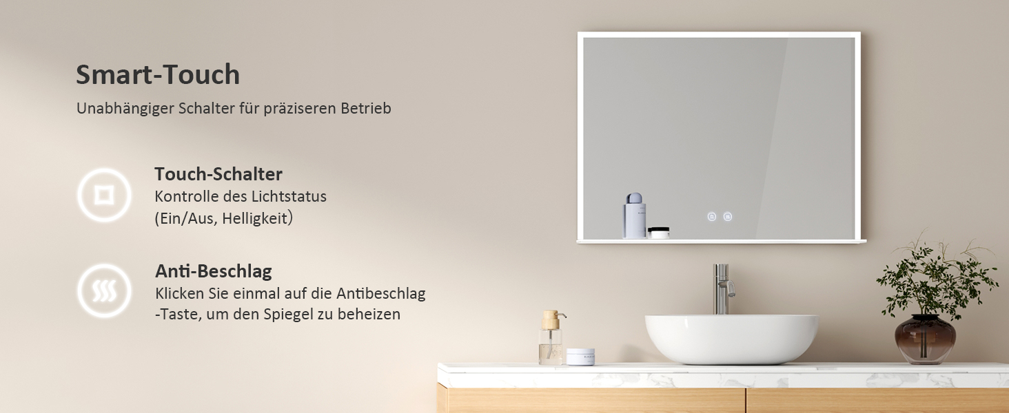 Дзеркало для ванної кімнати EMKE з підсвічуванням 80x60 см, з полицею, антизапар, регульоване холодне біле світло 6500K, сенсорне управління, функція пам'яті, прямокутне дзеркало для ванної кімнати (з полицею) 80Ш x 60В см