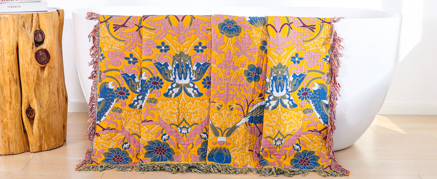 Плед Boho з 100% бавовни, стиль кантрі, 150х200 см (Птахи та квіти)