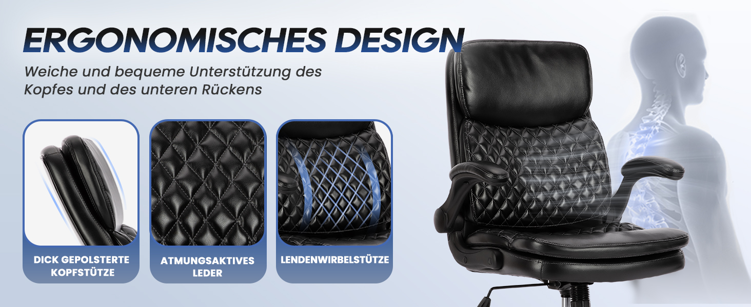 Офісний крісло Colamy: ергономічний, з високою спинкою, регульовані підлокітники, шкіряне покриття, чорний