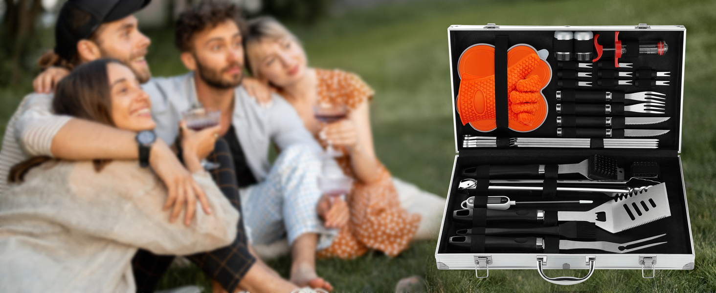 Набір аксесуарів для гриля з нержавіючої сталі 30шт - Професійний, довговічний, у кейсі. Ідеальний подарунок для чоловіків та жінок