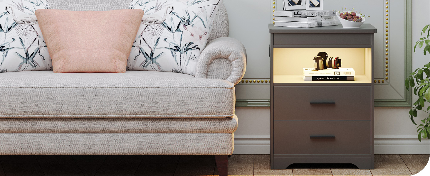 Нічний столик FREDEES з LED-підсвічуванням, ящиком та бездроговою зарядкою, сірий (2 кольори)