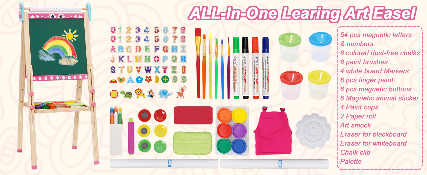 Дитяча мольберт Kinder Staffelei 3 в 1: регульована висота 95-125 см, ролик для паперу, двосторонній, з набором для малювання (100+ шт.), для дітей 3-8 років (рожевий)