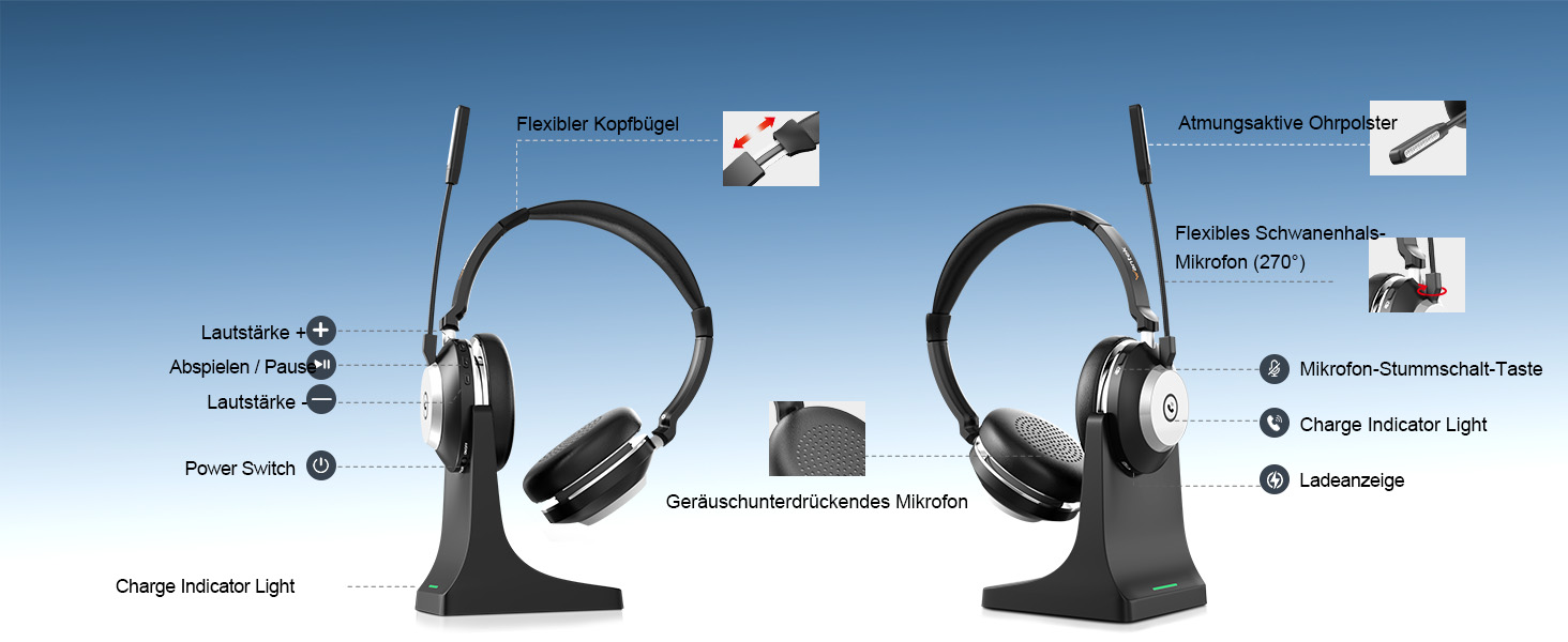 Бездротова гарнітура Wantek з мікрофоном та зарядною станцією, Bluetooth навушники з USB-адаптером для кол-центру, офісу, Zoom, Skype та Teams (сіро-чорний)