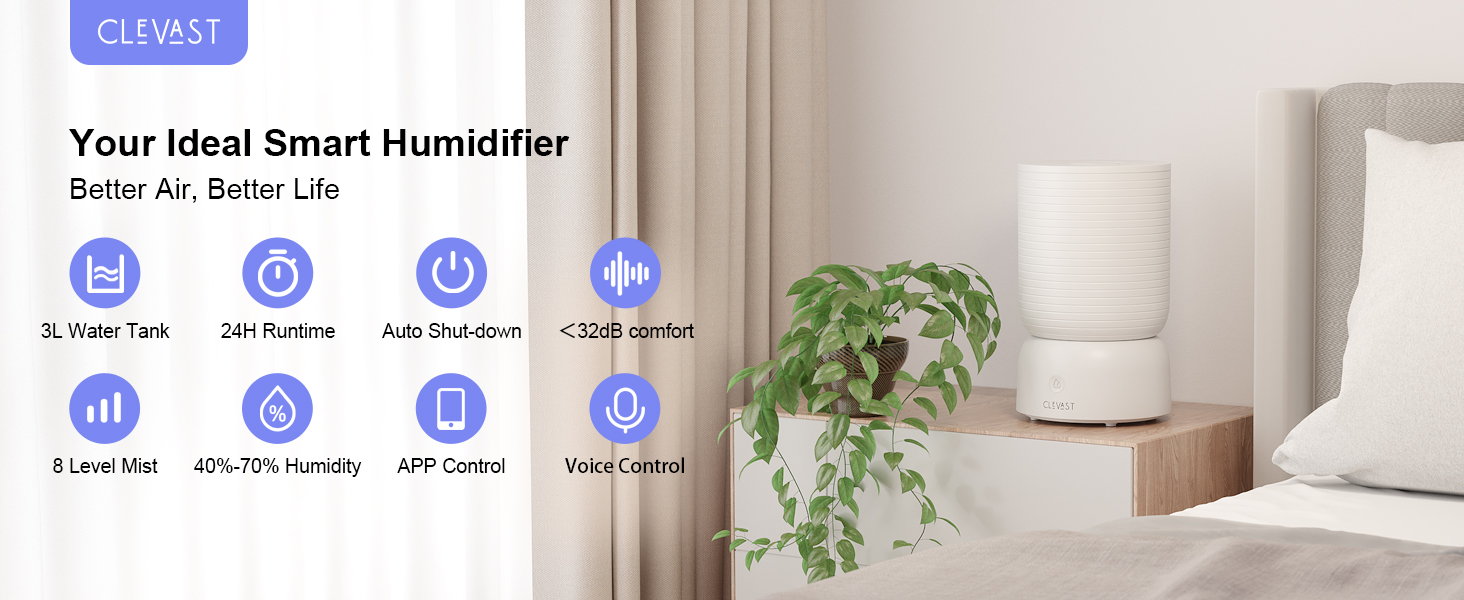 Зволожувач повітря CLEVAST Спальня, Тихий ультразвуковий зволожувач повітря з верхнім наповненням 3 л Cool Mist, Дитяча кімната з аромадифузором, контроль вологості, Wi-Fi Зволожувач повітря для Baby Classic