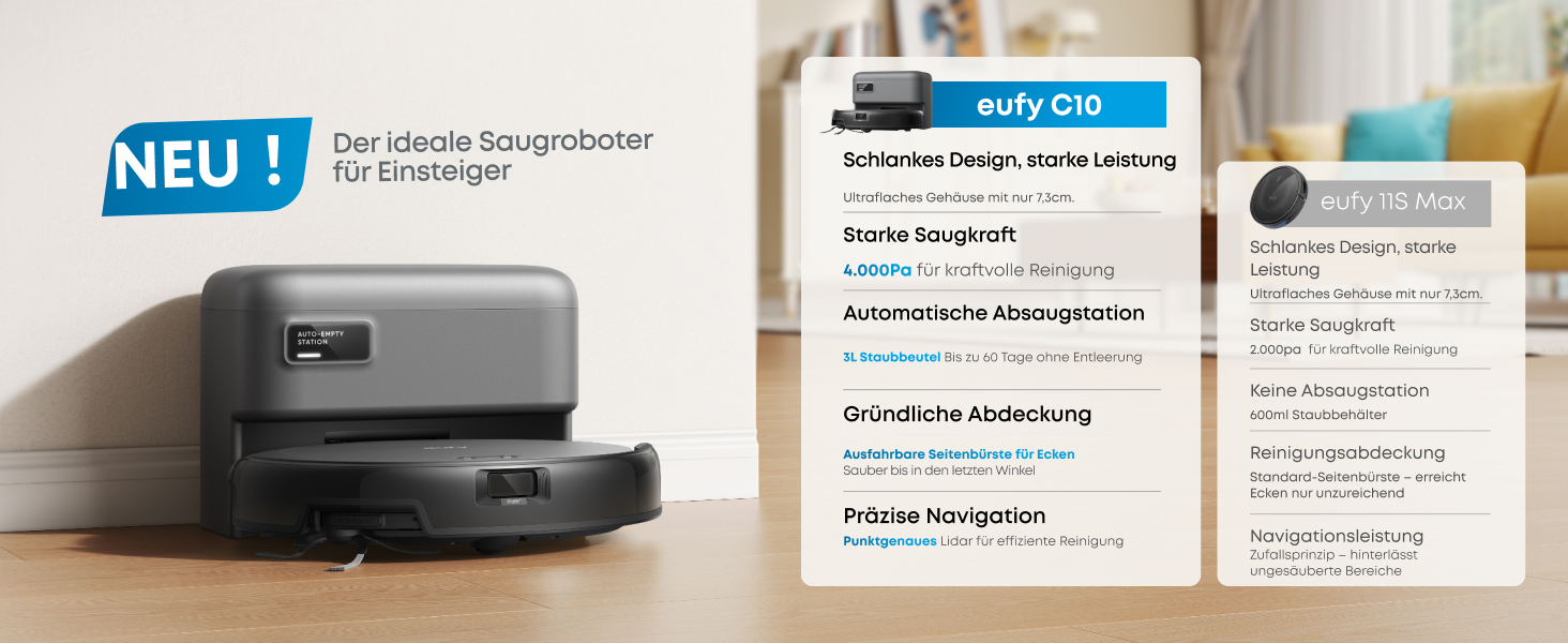 Робот-пилосос eufy C10 з автоматичною станцією самоочищення, 7,3 см, для прибирання килимів, з бічною щіткою для кутів, лазерна та інфрачервона навігація