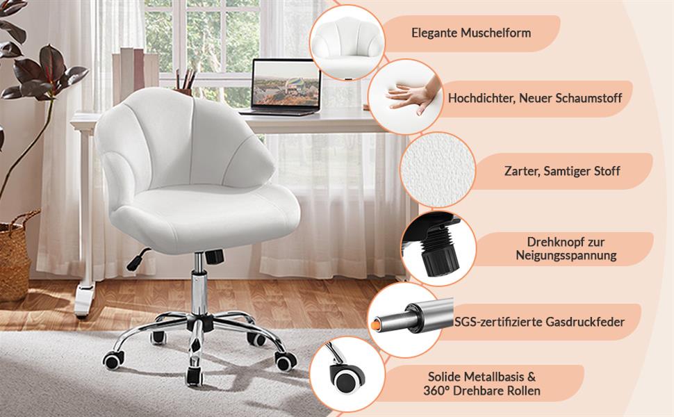 Крісло Yaheetech для дому та офісу: пуф для макіяжу, крісло з регулюванням висоти, обертове, біле, до 136 кг