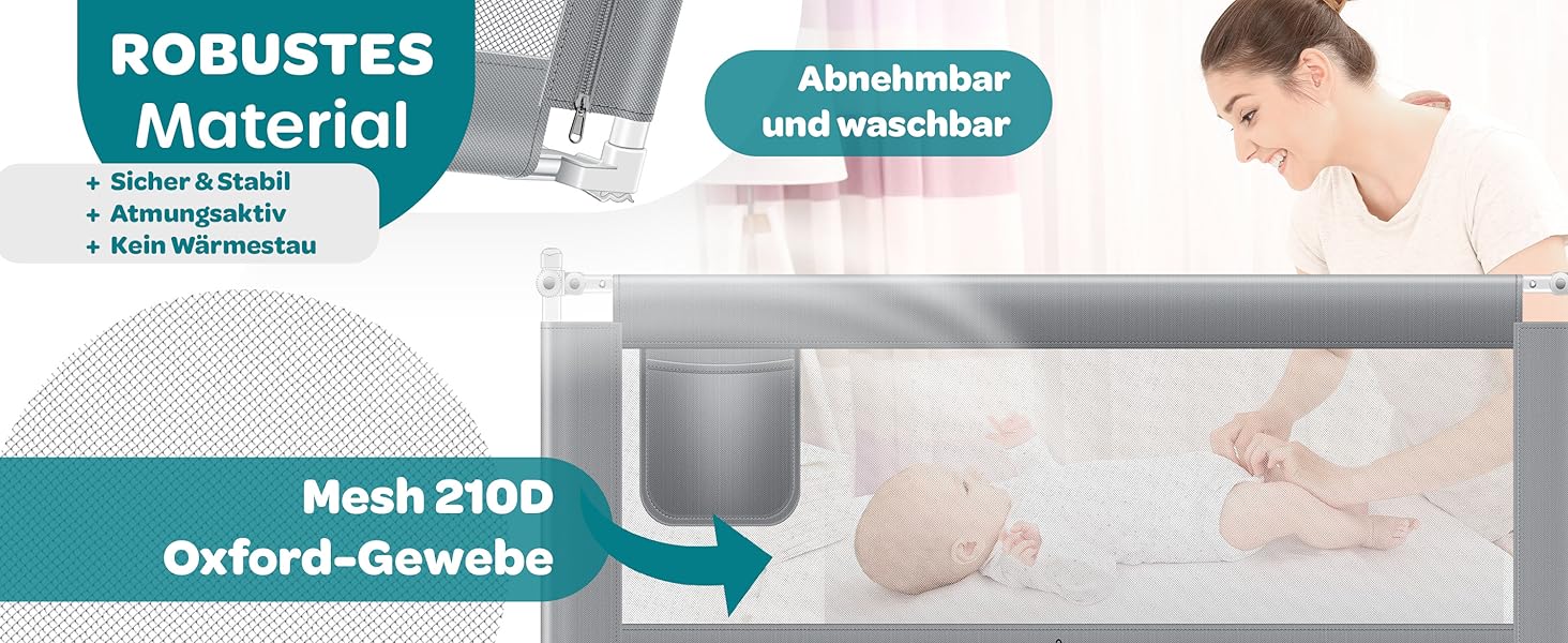 Захисний бортик для ліжка KESSER® 150 см, сітчастий, складаний та регульований по висоті, захист від випадання для дітей та немовлят, бежевий