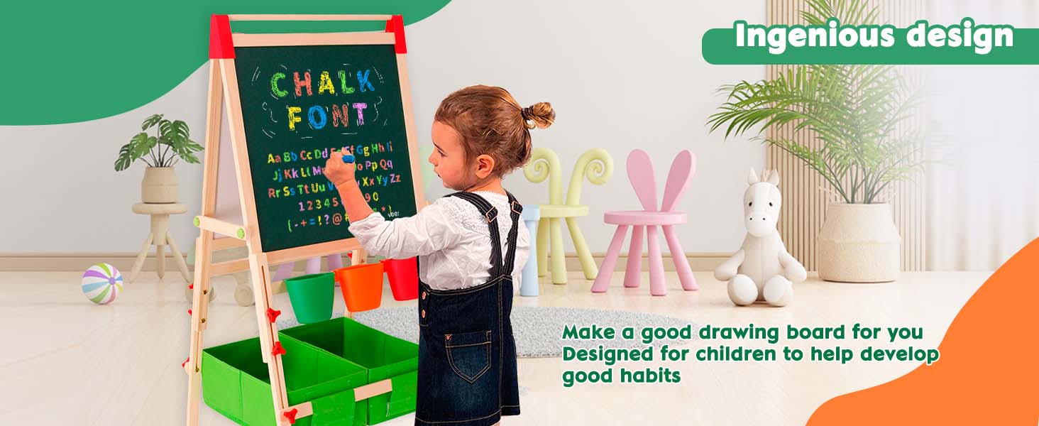 Дерев'яний мольберт Kinder для дітей з паперовою рулонкою, двостороннє Whiteboard та дошка. Регульована висота. З аксесуарами для малювання та навчання. Ідеальний подарунок для малюків.