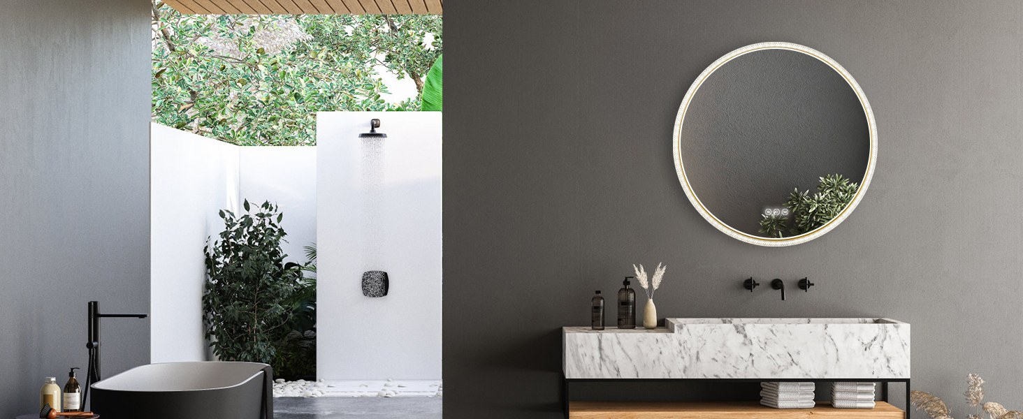 Дзеркало для ванної кімнати EMKE з підсвічуванням, 80 см, 3 кольори світла, регулювання яскравості, антизапар, сенсорне управління, функція пам'яті, енергозбереження, кругле, золотий фрейм (60x60 см)