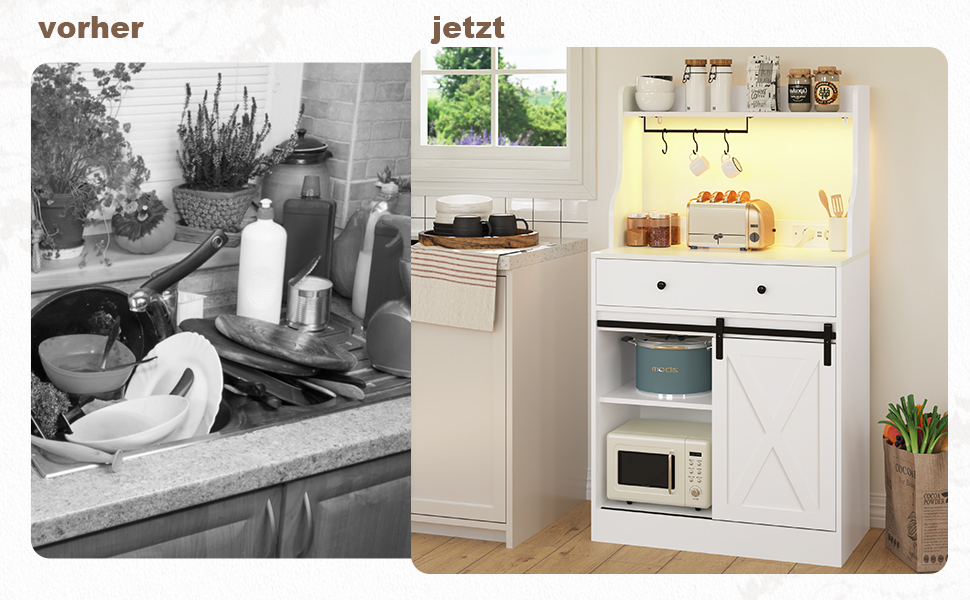 Буфет-шафа з робочою поверхнею, велика шухляда, регульовані полиці, 3 гачки, LED-підсвічування, для кухні, вітальні, їдальні (білий)