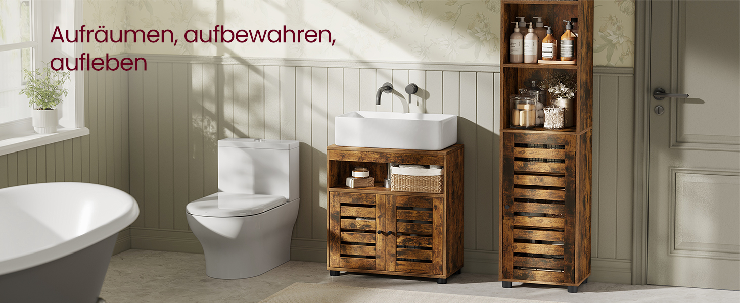 Підставка під раковину VASAGLE, шафка для ванної кімнати, 60 x 30 x 63 см, шафка для ванної, комод для зберігання з 2 дверцятами-решітками, з регульованою полицею, вінтажний коричневий BBK04BX