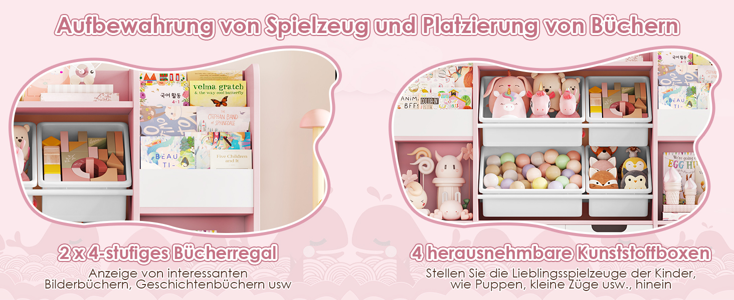 FOREHILL Дитяча полиця для іграшок та книг, стелаж для дитячої кімнати з 4 ящиками, рожевий (126x30x104 см)