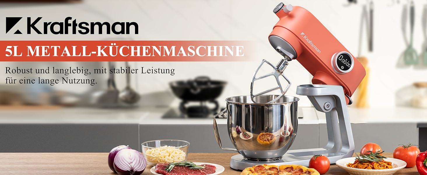 Кухонна машина 5л з місткою чашею з нержавіючої сталі, для тіста, піци, з таймером та 8 рівнями швидкості, з набором насадок (міксер, гак для тіста, вінчик)