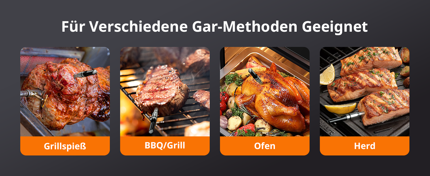 Бездротовий термометр для м'яса AIRMSEN з акумулятором 1000mAh, Bluetooth, LCD-дисплей, дальність 150м, керування через додаток, для приготування на грилі та барбекю, чорний