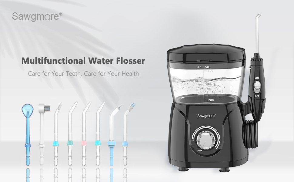 Електрична іригатор для порожнини рота з 10 рівнями тиску та 8 насадками, професійний водяний флосер, резервуар для води 600 мл, ідеально для сім'ї, білий (чорний)