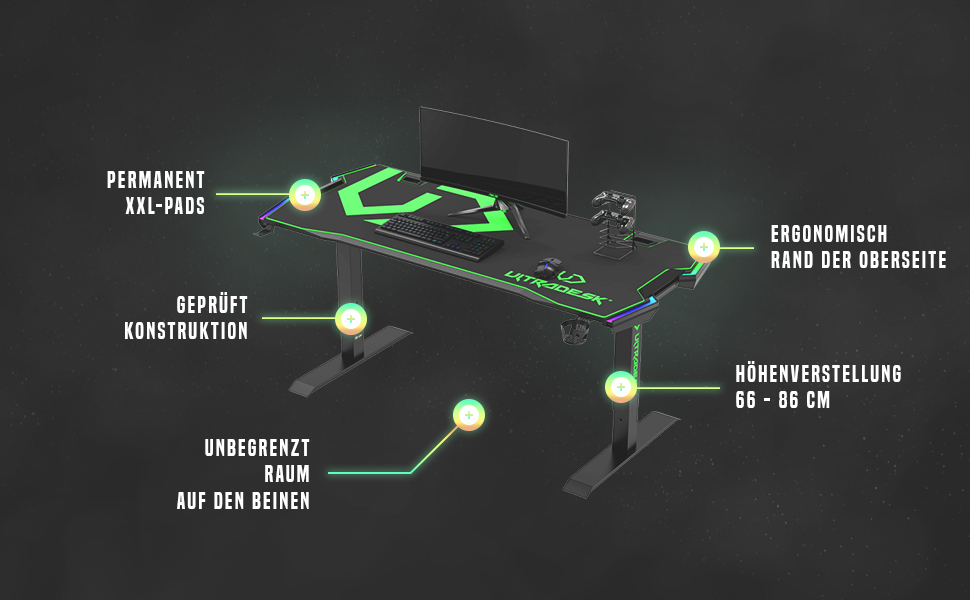 Ігровий стіл ULTRADESK Force , регульований по висоті, подушка XXL, 2 кабельні розетки, поличка для подовжувачів, світлодіодне RGB-підсвічування, сталева рама, сірий, 166x70 см