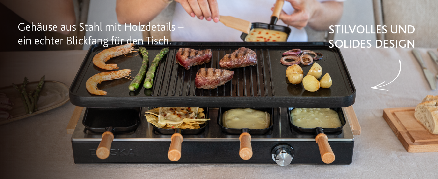 Рашетт BOSKA Raclette Gourmet Party на 8 осіб – гриль з керамічною поверхнею, ручки з бука, поворотна алюмінієва пластина, чорний колір