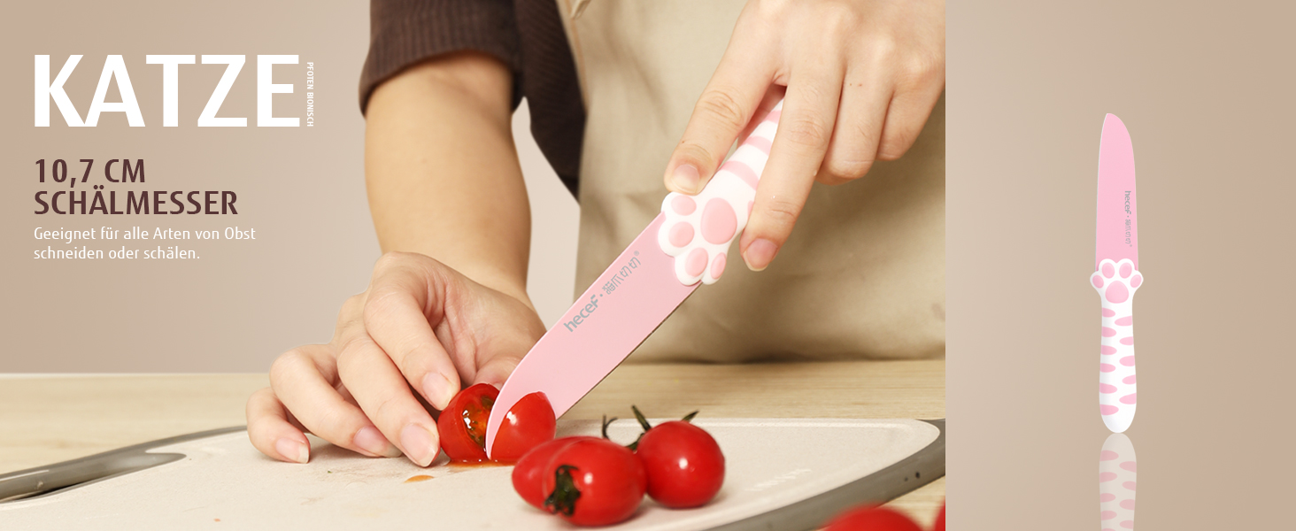 Набір кухонних ножів Hecef: 5 штук у блоці, рожевий, з ручками у формі котів